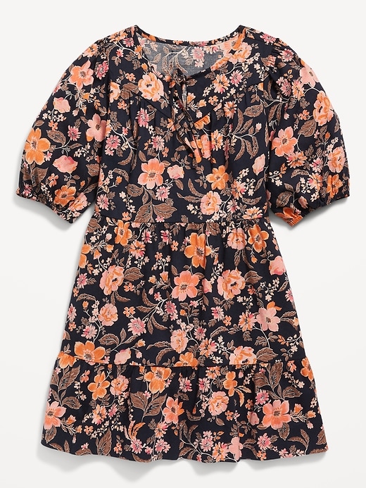 View large product image 2 of 4. Puff-Sleeve Tiered Floral-Print Swing Dress for Girls