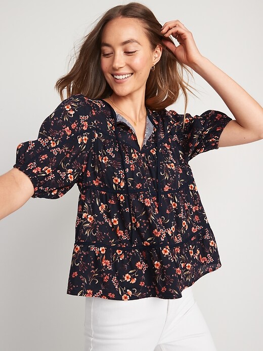 Image number 3 showing, Puff-Sleeve Floral Tiered Swing Blouse