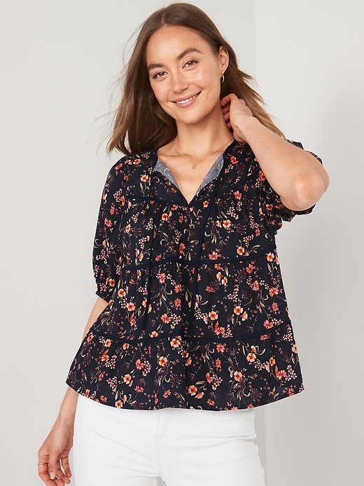 Image number 1 showing, Puff-Sleeve Floral Tiered Swing Blouse
