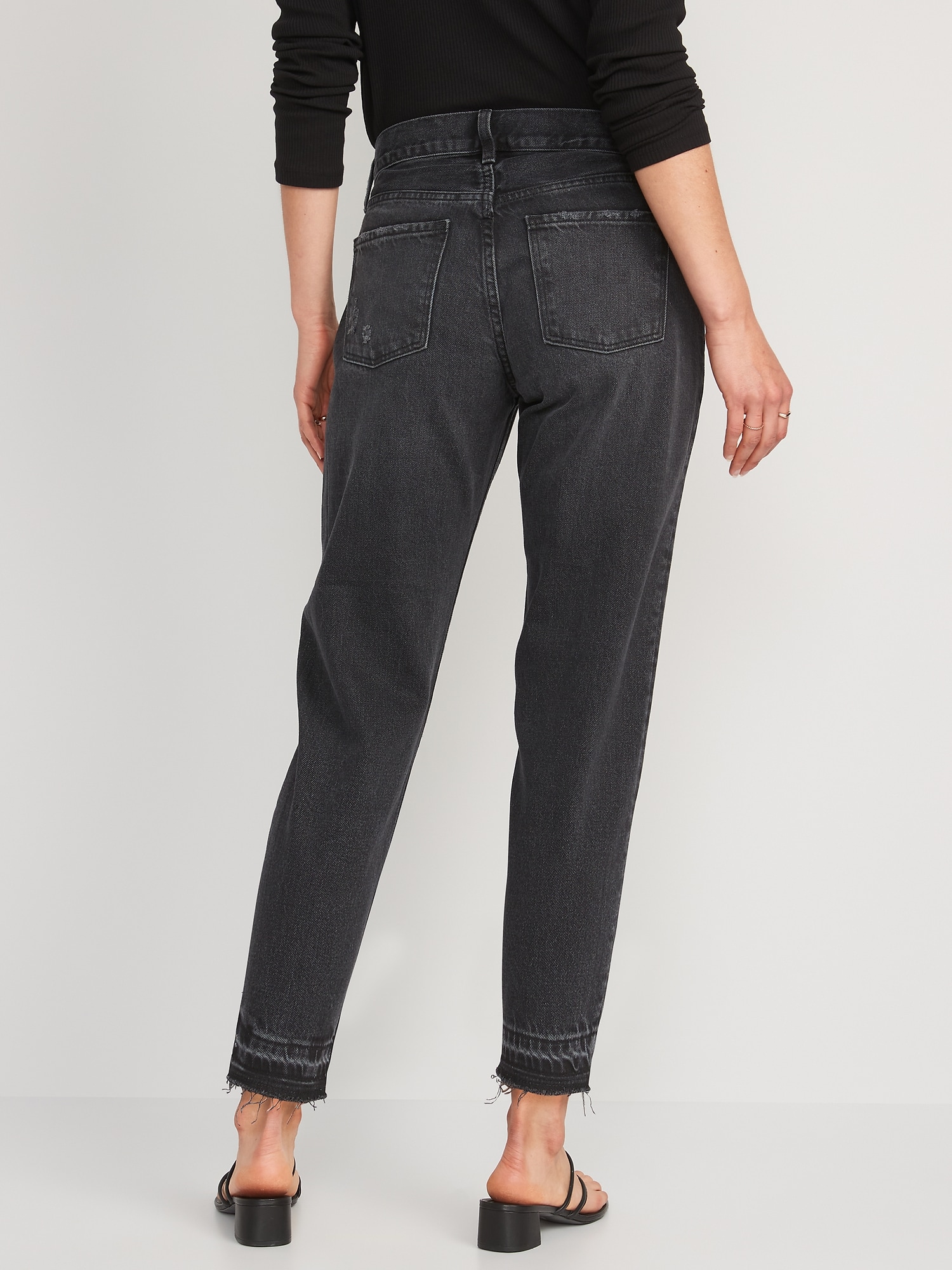 High-Waisted Button-Fly Slouchy Taper Black-Wash Cut-Off Non-Stretch ...