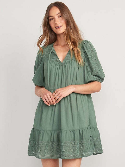 Image number 1 showing, Puff-Sleeve Tiered Embroidered Mini Swing Dress for Women