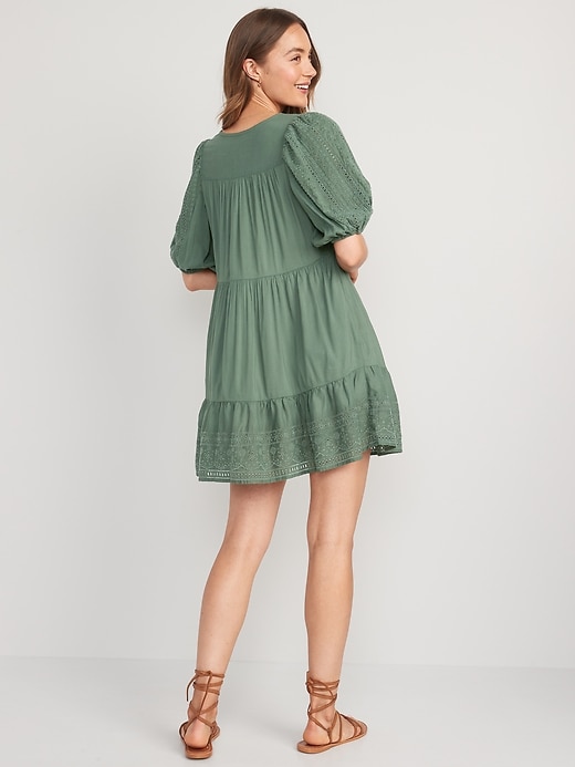 Image number 2 showing, Puff-Sleeve Tiered Embroidered Mini Swing Dress for Women