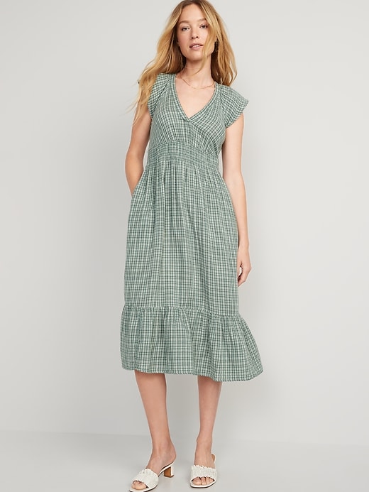 Image number 1 showing, Waist-Defined Flutter-Sleeve Plaid Midi Dress for Women