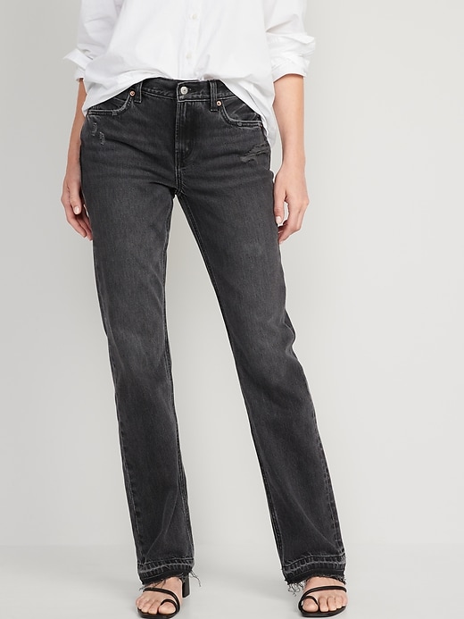 Image number 1 showing, Mid-Rise Slouchy Boot-Cut Black Non-Stretch Cut-Off Jeans for Women