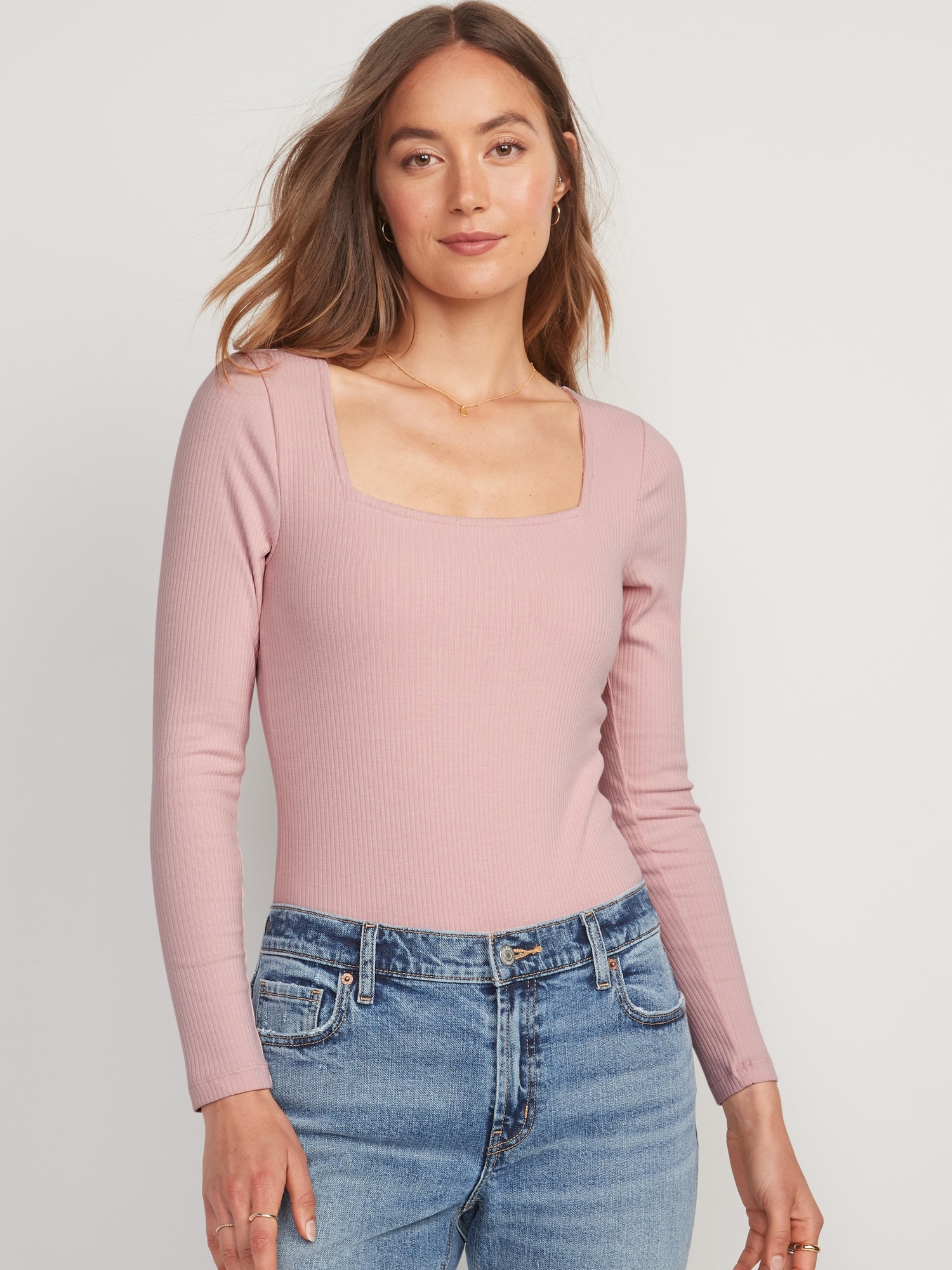 Old Navy Long-Sleeve Square-Neck Rib-Knit Bodysuit for Women pink. 1