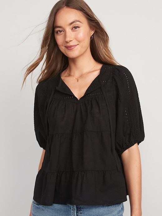 Old Navy Puff-Sleeve Tiered Embroidered Swing Blouse for Women. 1