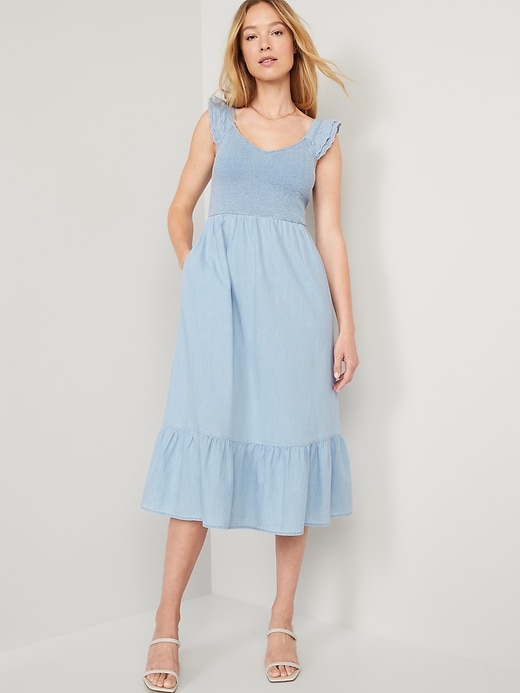 Image number 1 showing, Fit & Flare Non-Stretch Jean Smocked Midi Dress for Women