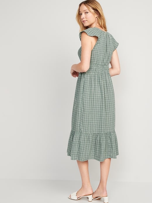 Image number 2 showing, Waist-Defined Flutter-Sleeve Plaid Midi Dress for Women