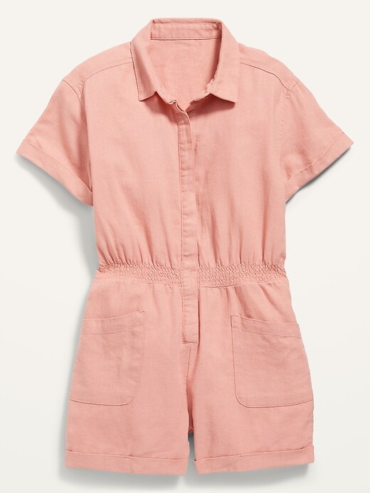 Old Navy Short-Sleeve Cinched-Waist Linen-Blend Utility Romper for Girls. 1