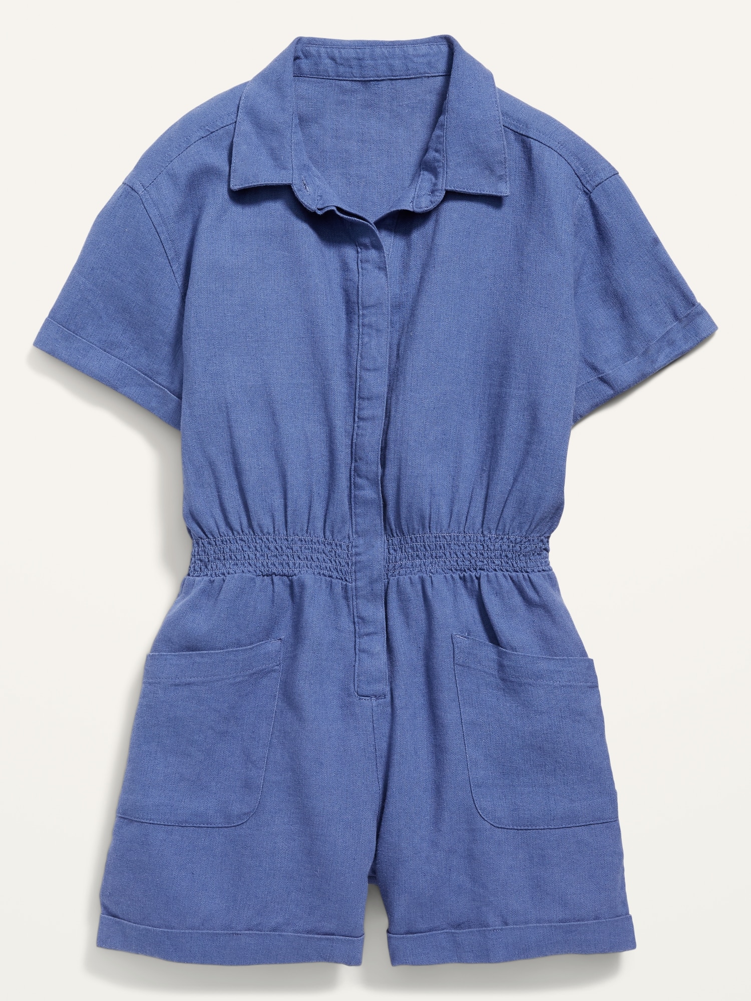 Short-Sleeve Cinched-Waist Linen-Blend Utility Romper for Girls | Old Navy