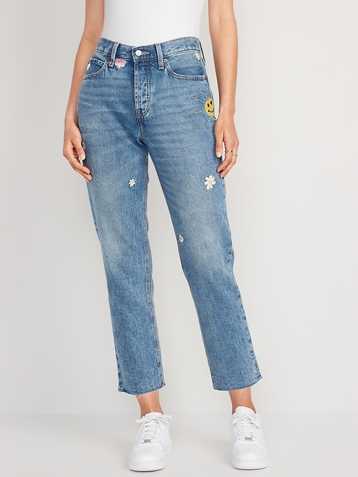 Image number 1 showing, High-Waisted Button-Fly Slouchy Straight Embroidered Non-Stretch Cut-Off Jeans for Women