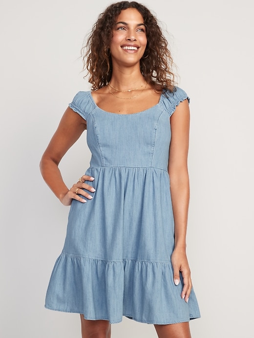 Image number 1 showing, Fit & Flare Puff-Sleeve Smocked Jean Mini Dress