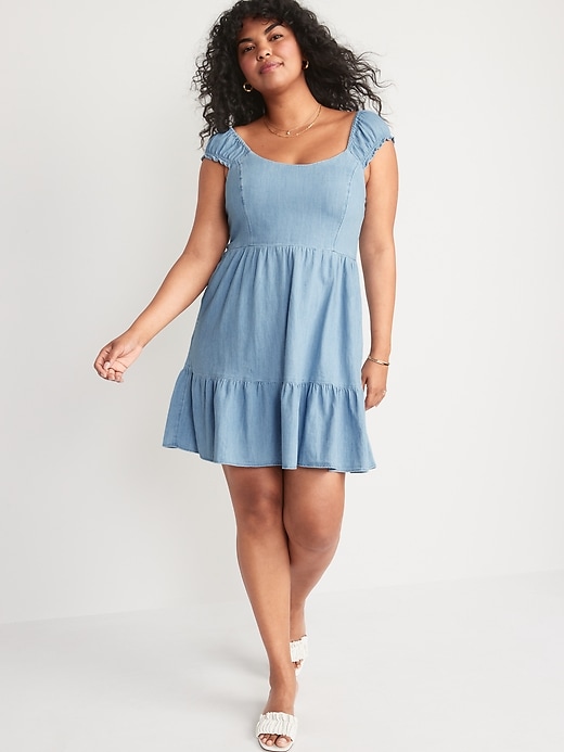 Image number 5 showing, Fit & Flare Puff-Sleeve Smocked Jean Mini Dress