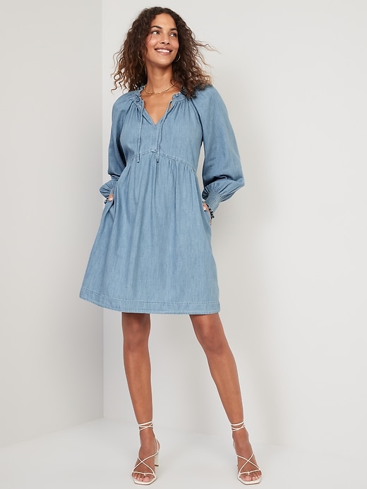 Old Navy - Puff-Sleeve Non-Stretch Jean Mini Poet Swing Dress for Women