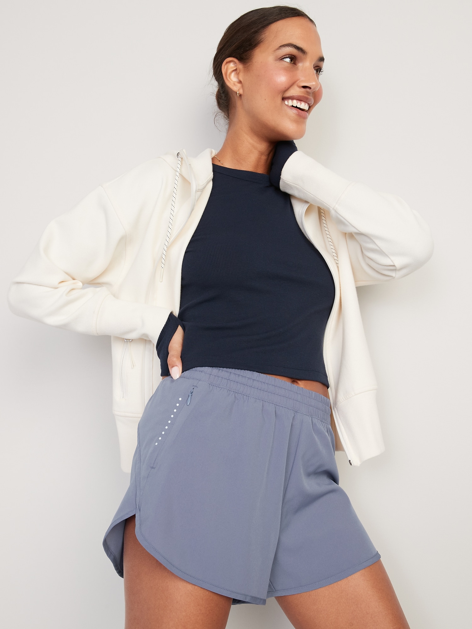 MidRise StretchTech DolphinHem Run Shorts for Women 4inch inseam Old Navy