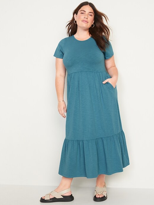 Short-Sleeve Slub-Knit Tiered Midi Swing Dress | Old Navy