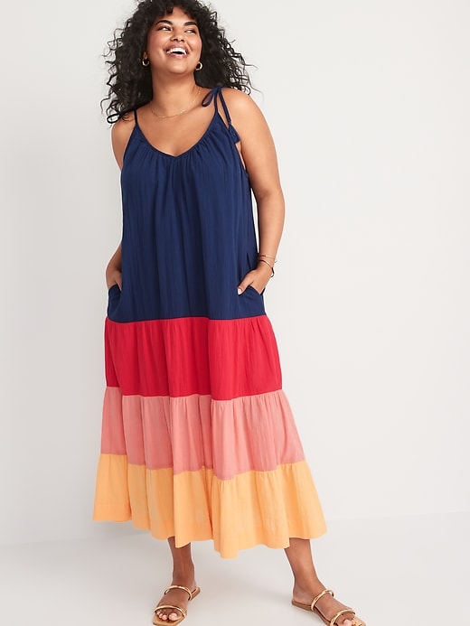 Image number 5 showing, Sleeveless Tasseled Color-Block All-Day Maxi Swing Dress