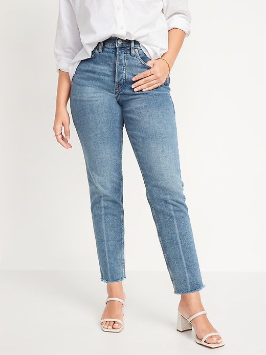 Old Navy Curvy Extra High-Waisted Button-Fly Sky-Hi Straight Cut-Off Jeans for Women. 1