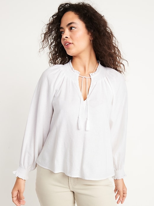 Image number 1 showing, Oversized Long-Sleeve Smocked Linen-Blend Top