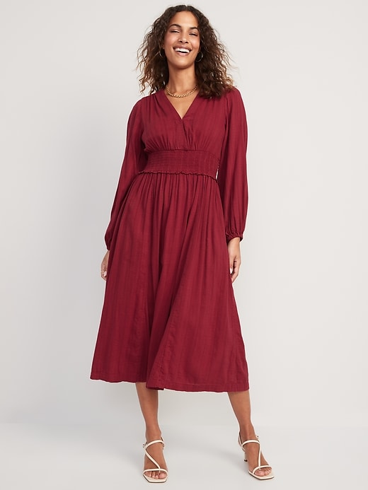 Image number 1 showing, Waist-Defined Puff-Sleeve Smocked Midi Dress for Women