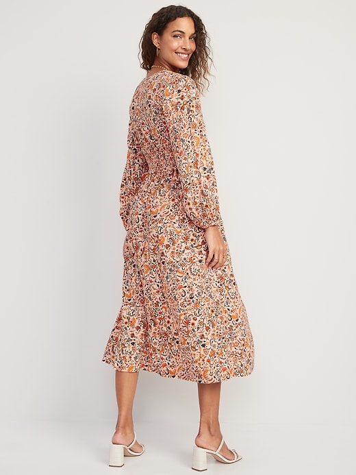 Image number 2 showing, Waist-Defined Puff-Sleeve Floral Smocked Midi Dress