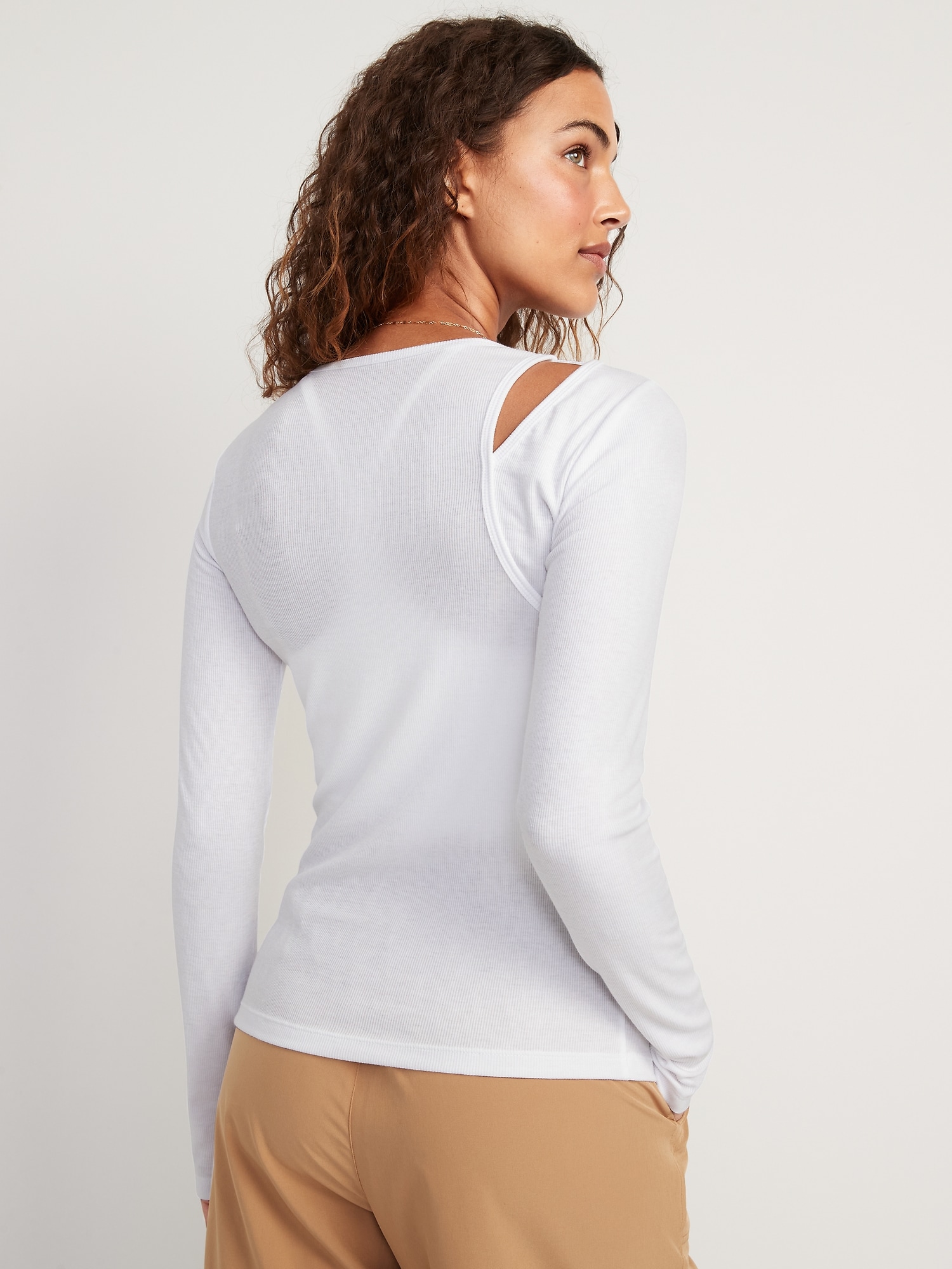 Long-sleeve Ultralite Rib-knit Asymmetric Cutout T-shirt 