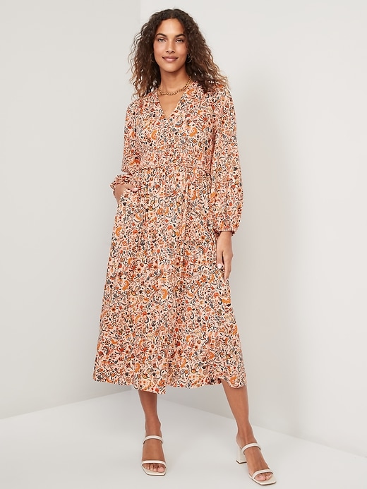 Image number 1 showing, Waist-Defined Puff-Sleeve Floral Smocked Midi Dress for Women