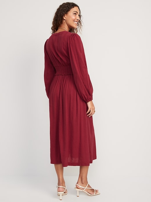 Image number 2 showing, Waist-Defined Puff-Sleeve Smocked Midi Dress for Women