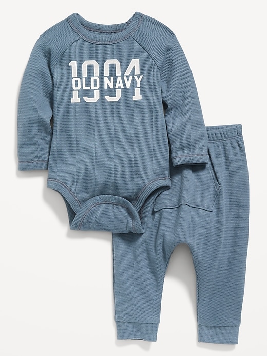 Old Navy Unisex Thermal-Knit Logo Bodysuit and Leggings Set for Baby. 1