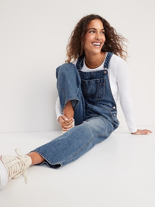 Image number 3 showing, Baggy Wide-Leg Non-Stretch Jean Overalls for Women