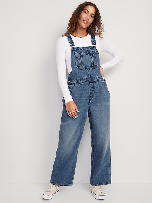 Image number 1 showing, Baggy Wide-Leg Non-Stretch Jean Overalls for Women