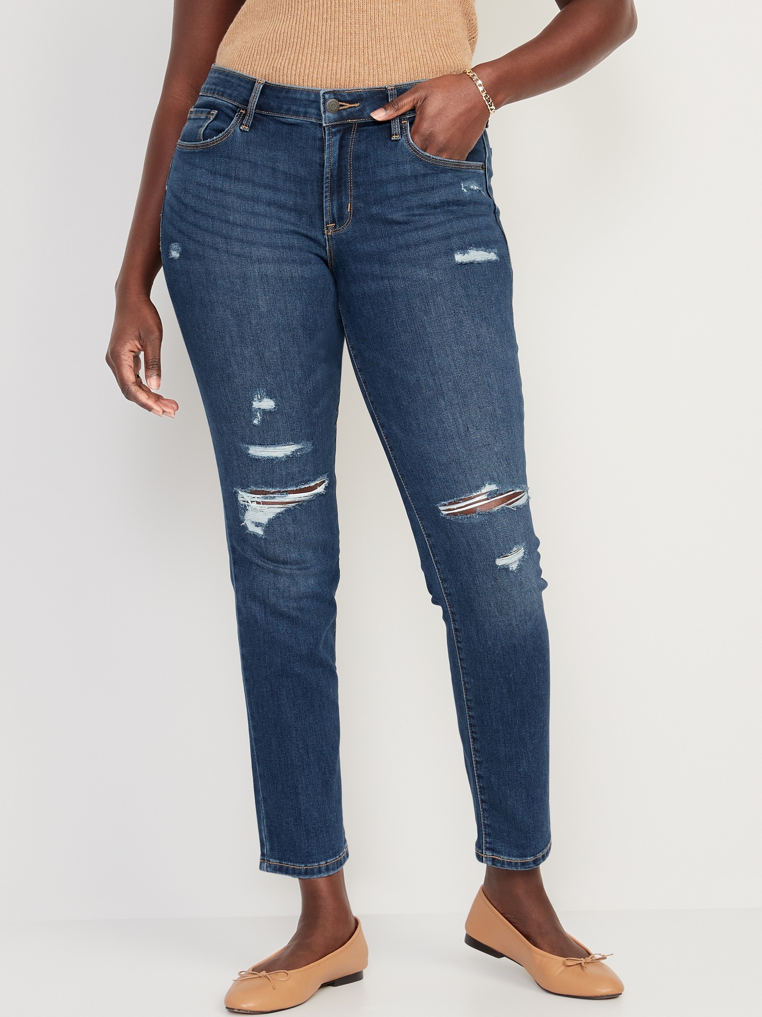 Distressed Low-Rise Slim Straight Jeans