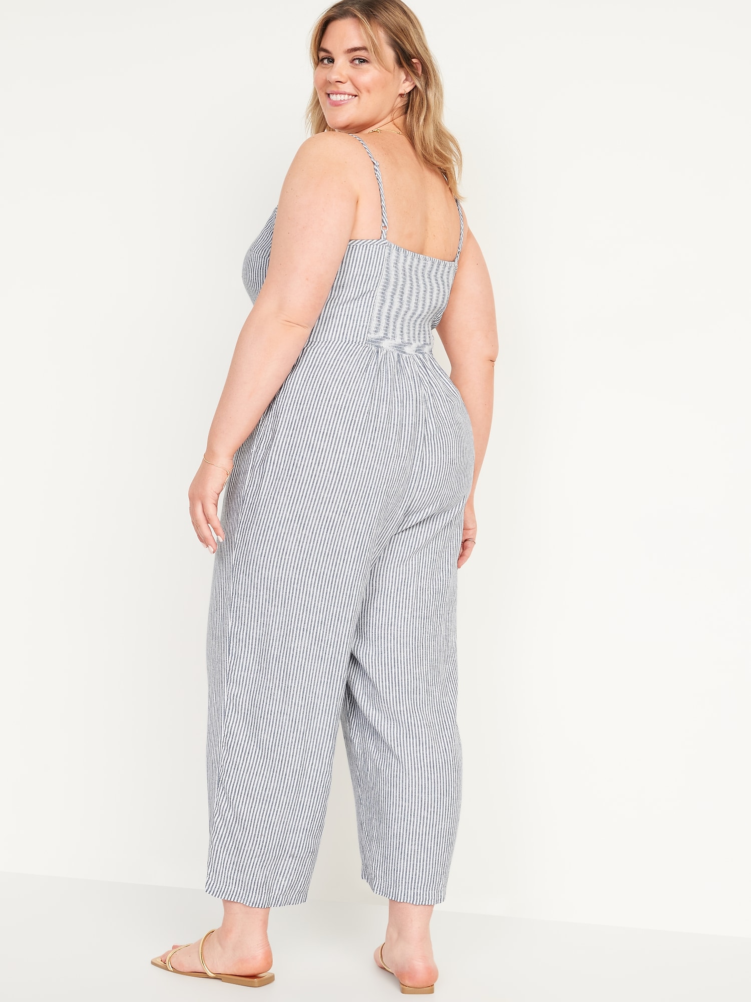 Striped Smocked Cropped Knotted Linen-Blend Cami Jumpsuit for Women ...