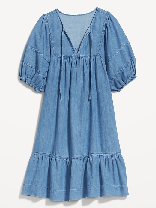 Image number 4 showing, Puff-Sleeve Tie-Neck Chambray All-Day Mini Swing Dress for Women