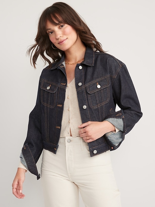 Image number 1 showing, Cropped Non-Stretch Jean Jacket for Women