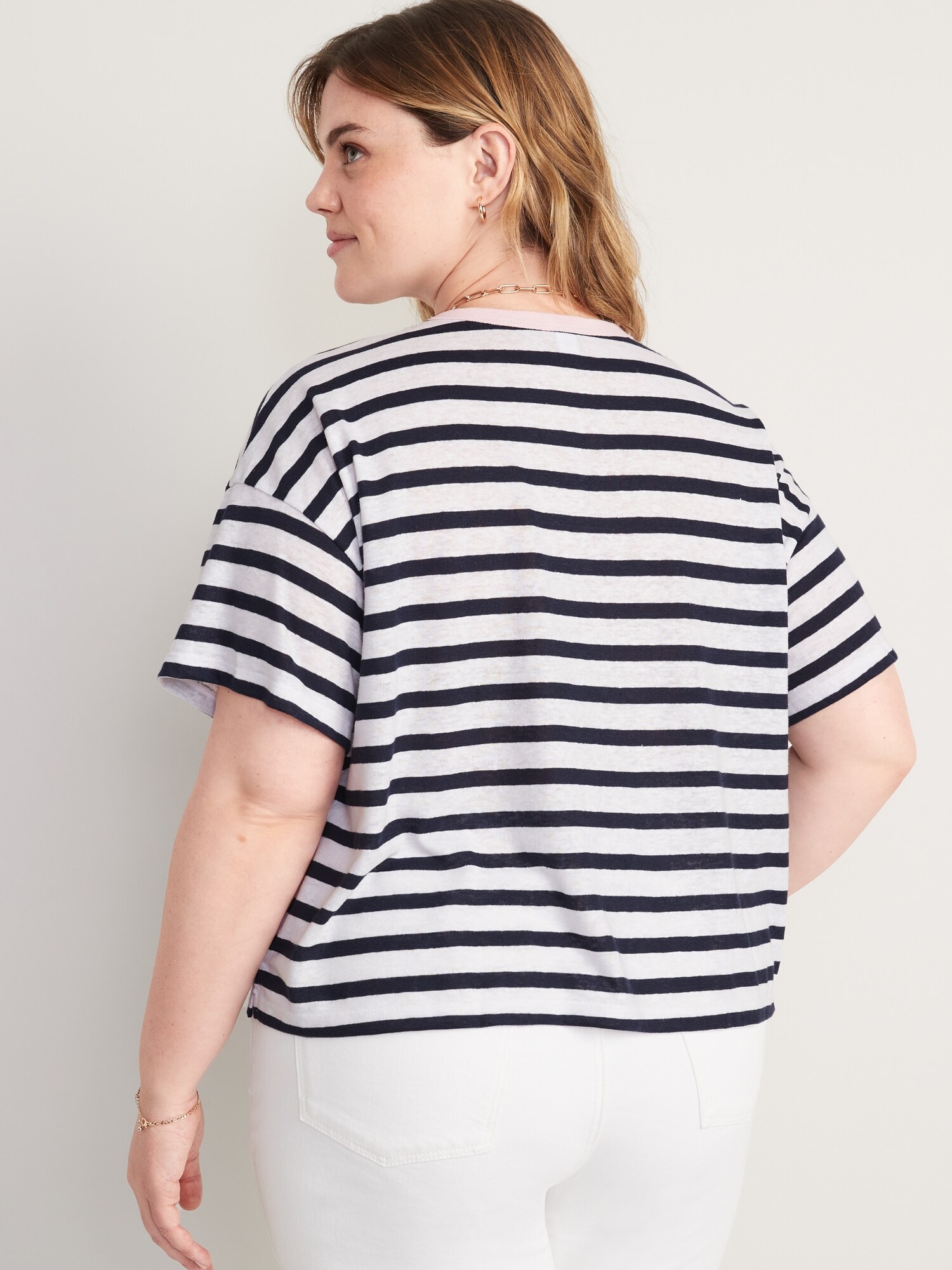 ShortSleeve Oversized Cropped Striped LinenBlend TShirt for Women Old Navy