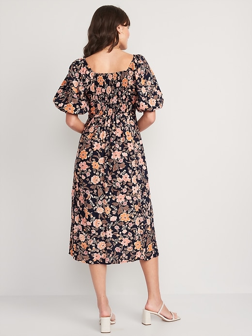 Image number 2 showing, Puff-Sleeve Floral-Print Pintucked Smocked Midi Swing Dress for Women