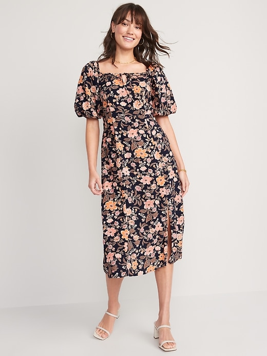Image number 1 showing, Puff-Sleeve Floral-Print Pintucked Smocked Midi Swing Dress for Women