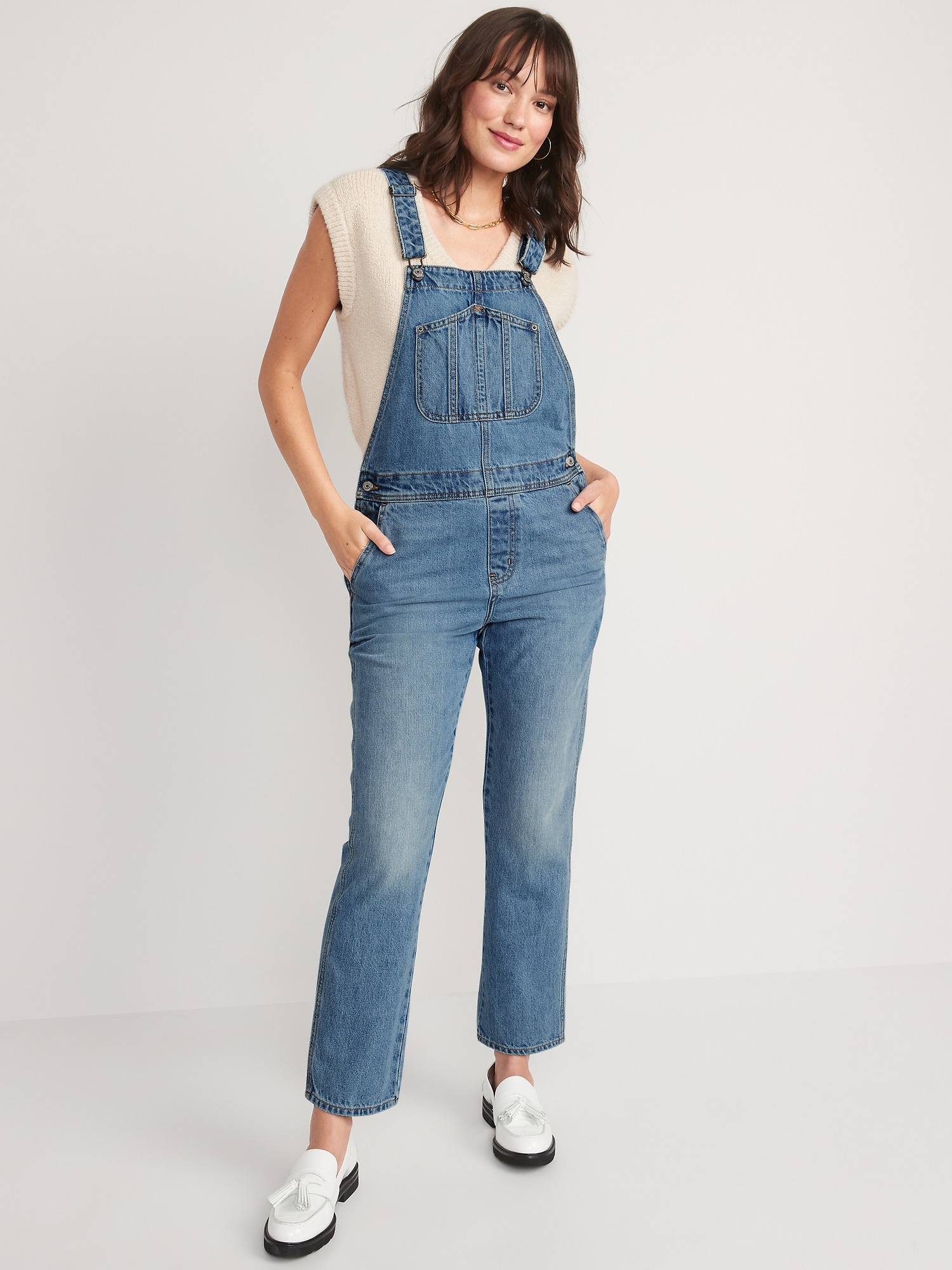 Slouchy Straight Non Stretch Jean Overalls For Women Old Navy