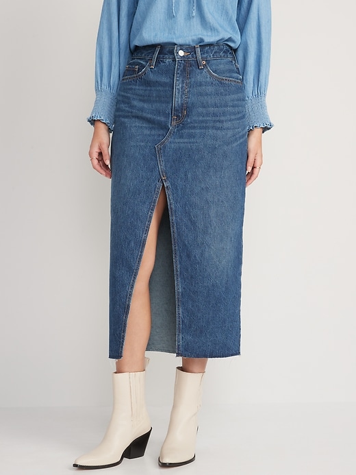 Image number 1 showing, High-Waisted Split-Front Cut-Off Non-Stretch Jean Maxi Skirt for Women