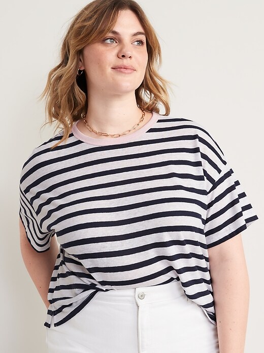 Image number 7 showing, Short-Sleeve Oversized Cropped Striped Linen-Blend T-Shirt for Women