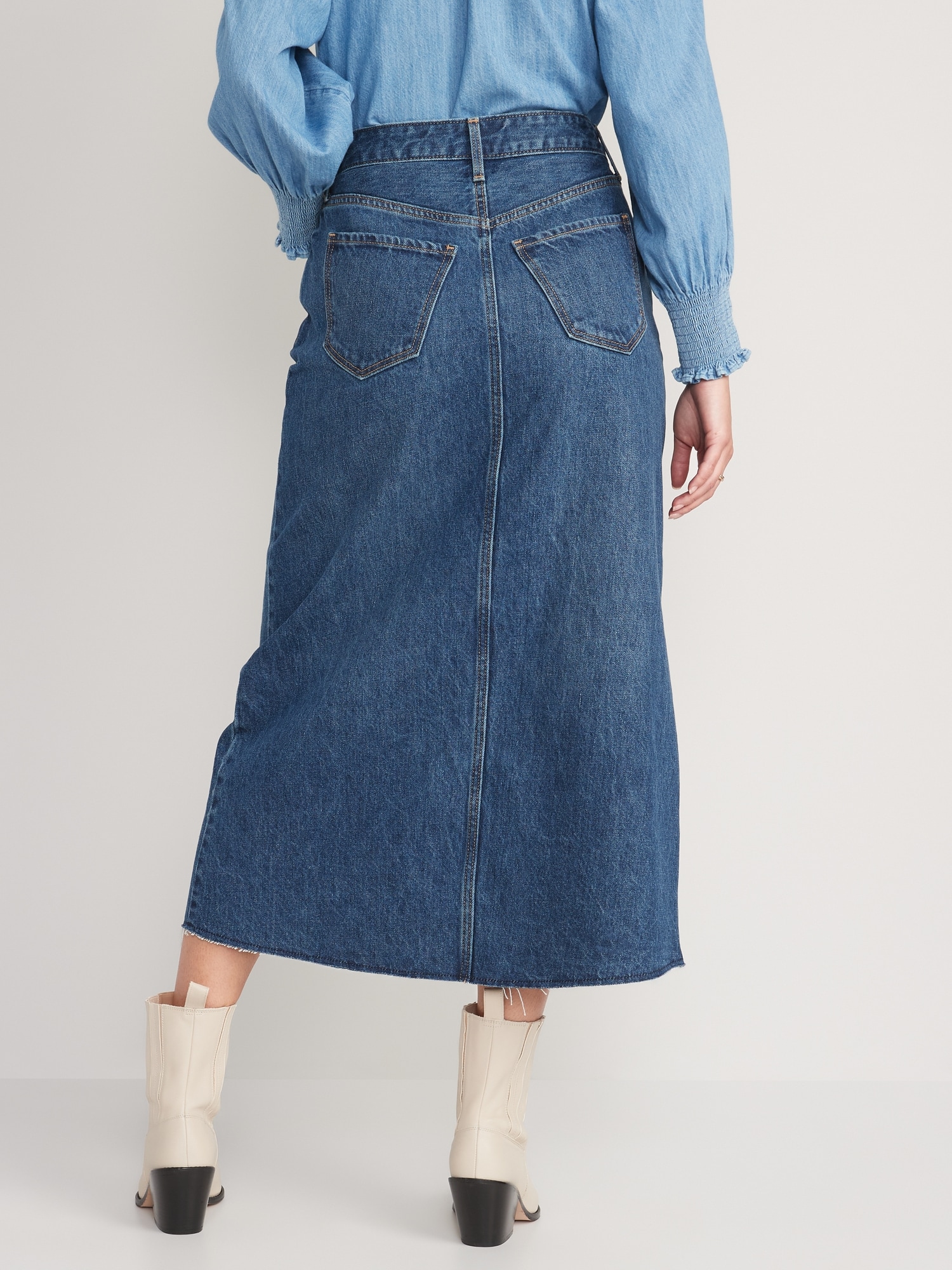 High-Waisted Split-Front Cut-Off Non-Stretch Jean Maxi Skirt for Women ...