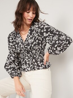Alfani Plus Size Smocked-Waist Peplum Top Women's 0X Black/White Floral  Pullover