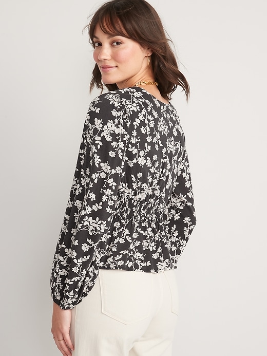 Image number 2 showing, Puff-Sleeve Floral Smocked Peplum Blouse
