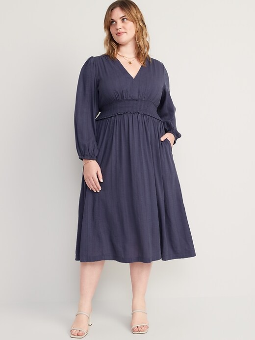 Image number 7 showing, Waist-Defined Puff-Sleeve Smocked Midi Dress for Women