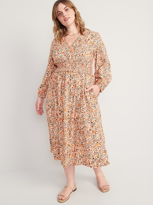 Image number 7 showing, Waist-Defined Puff-Sleeve Floral Smocked Midi Dress