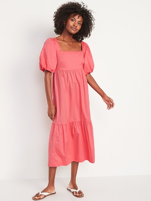 Image number 1 showing, Fit & Flare Puff-Sleeve Cotton-Poplin Smocked All-Day Midi Dress for Women