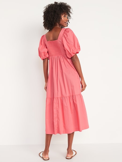 Image number 2 showing, Fit & Flare Puff-Sleeve Cotton-Poplin Smocked All-Day Midi Dress for Women