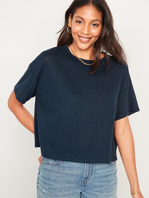 Image number 1 showing, Elbow-Sleeve Oversized Linen-Blend T-Shirt for Women