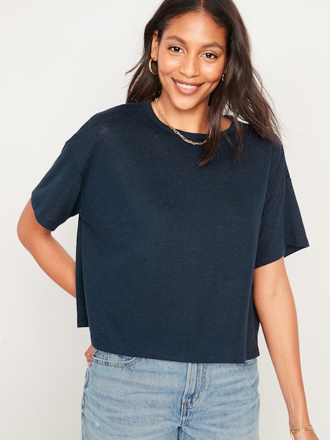 Elbow-Sleeve Oversized Linen-Blend T-Shirt